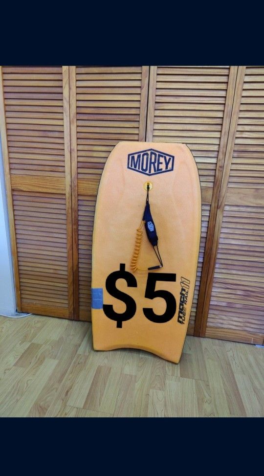 Morey Mach 11 Tube Rail Boogie Body Board Yellow Faux Wood with Leash 42" Surfboard Surfing