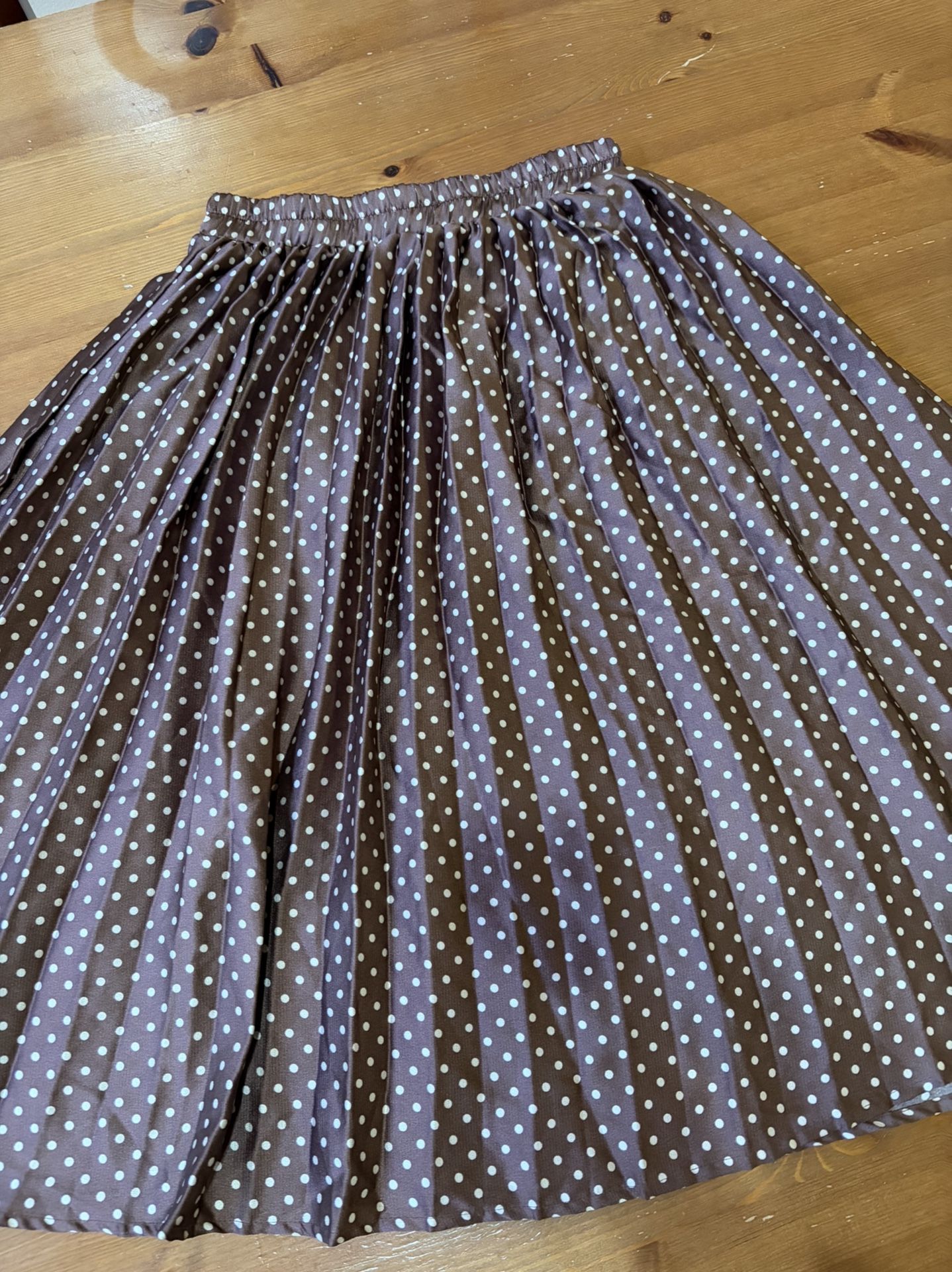 Brown And White Polka Dot Pleated Midi Skirt