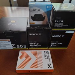 Nikon Z50ii camera, Z 18-140, Z 35 1.7, FTZii adapter, etc.