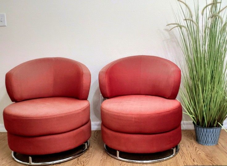 Pair of 2 Round 360 Red Swivel Barrel Mid-Century Armchair Chairs Silver Chrome Metal