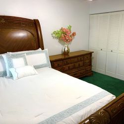 Bed, Mattress, Two dressers - Solid Oak- Heavy