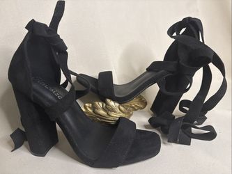 Timesize Black Lace Up Platform Velvety Open Toe Women's High heels Size 7