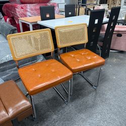 Chai rs Set of 2, Mid Century Modern Din ing Cha irs with Rattan Cane Back, Tufted Faux Leather Seat, Chrome Cantilever Base, Kitchen Chairs for Dinin
