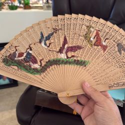 Carved Wood Folding Hand Fan – Bird & Floral Design – Decorative Asian Style
