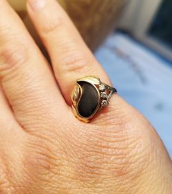 14K Solid Yellow Gold, Black Coral, and Diamond Ring