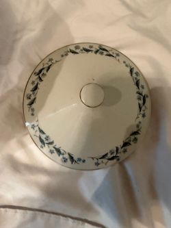 Vintage White Porcelain Covered Sugar Bowl with Blue Floral Pattern & Gold Trim