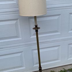 Vintage Brass Floor Lamp w/ Ornate Embossed Leaf Base & Drum Shade – 54.5” Tall