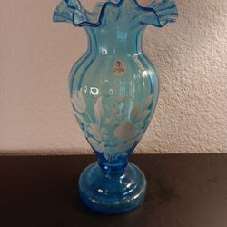 GORGEOUS MCM Fenton 10" Blue Handpainted Ruffled Vase.

