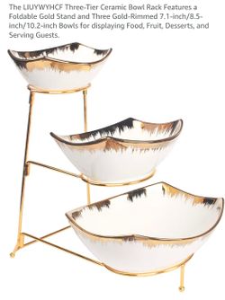 Three-Tier Ceramic Bowl Rack Features a Foldable Gold Stand and Three Gold-Rimmed 7.1-inch/8.5- inch