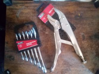 10 in locking pliers and 6 piece combination wrench set