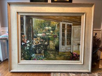 Large Framed Oil Painting Garden Scene