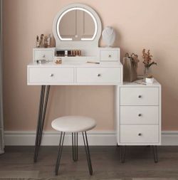 White Vanity Desk Set with LED Mirror and Stool