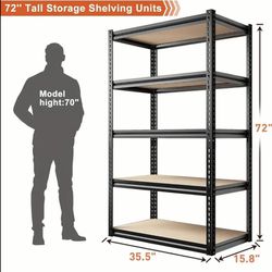72" H Garage Shelving Heavy Duty Storage Shelves 2000LBS Adjustable 5 Tier Metal Shelves for Garage Storage Shelving Units and Storage for Basement In