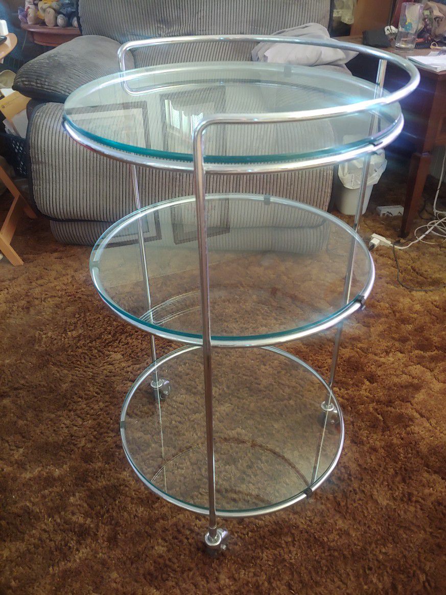 Price Reduced! Vintage Bauhaus Round Chrome and Glass Three Tier Rolling Cocktail Bar Serving Cart