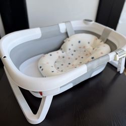 Collapsible Baby Bathtub with Thermometer & 1 Soft Floating Cushion for Infants to Toddler