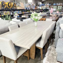 Wood Dining Set With 8 Grey Fabric Chairs 