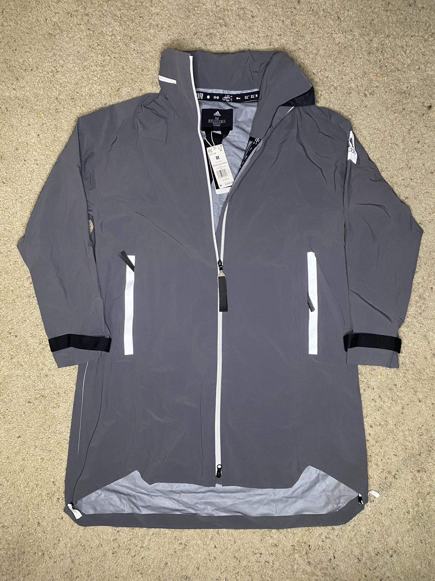 NWT $280.00 Adidas Mens Myshelter Rain Ready Parka Jacket Gray Size Medium