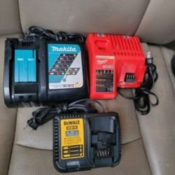 DEWALT 12/20/60V ,, MILWAUKEE 12/18V AND MAKITA CHARGER $25 EACH 