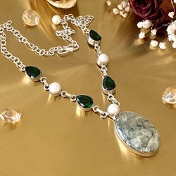 Prehnite, Biwa Pearl And Green Quartz 925 Sterling Silver Overlay Handcrafted Necklace