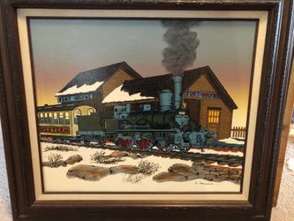 Large mantel acrylic original painting. Nicely framed perfect for a train enthusiast. Perfect above mantel or over sofa.