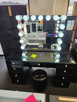 Brand New Vanity 9 Drawers Black With XL Hollywood Mirror Bluetooth Speaker & 2 Side Shelves $899