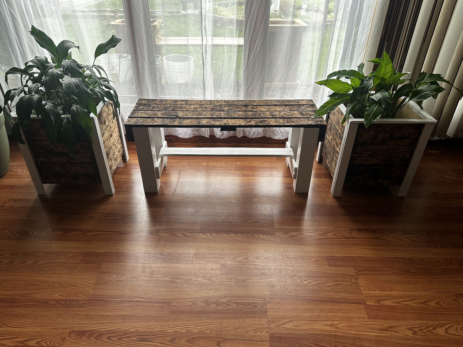 Wood Bench 44L x 15W x 18H & 2 Wood Planters