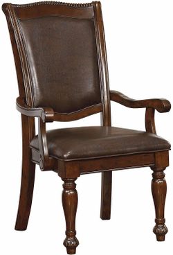 2 Traditional Dark Wood Arm Chairs with Faux Leather Upholstery