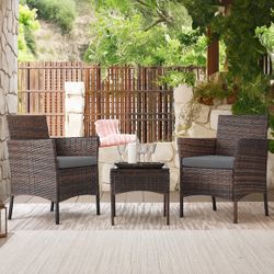 New 3-Piece Patio Furniture Set | Black & Beige | Outdoor Wicker Furniture with Coffee Table | Modern Rattan Chairs Conversation Set | Outdoor Seating