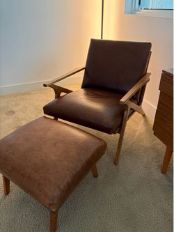 Crate & Barrel Cavett Wood and Leather Chair & Cavett Leather Ottoman