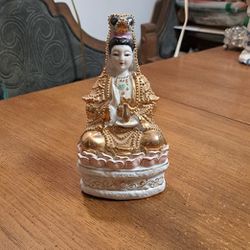 Vintage Guan Yin Figurine Seated On Lotus Throne, Gold Accents- Pinnacle Of Mercy, Compassion & Kindness & Love 2 IN STOCK