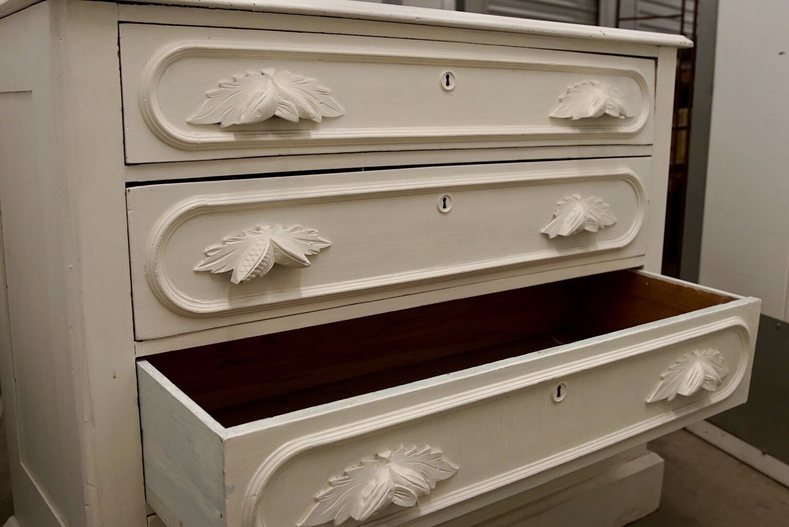Antique, vintage dresser, refinished, white, wood. Hand made! Carved handles.