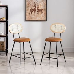 Amadi Counter Stools Rattan Back Dining Chair, Indoor Faux Leather Bar Stools Set of 2, Armless Dining Chairs with Rattan Backrest, Modern Metal Count