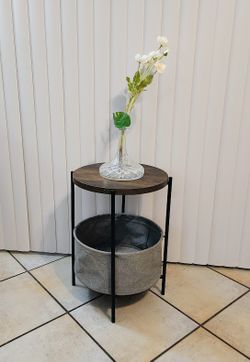 💫 Modern 2 Tier Metal Round Side Table with Grey Cloth Basket Bag and Brown Top
