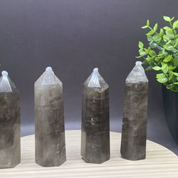 (4) Natural Smokey Quartz Towers 368g 3.6”-3.4”