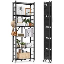 160# 6-Tier Foldable Storage Shelf, 24W x 12D x 72H Inch Folding Metal Rack Shelving Unit, No Assembly Organizer Shelf with 5 Wheels & 4 Hooks for Pan