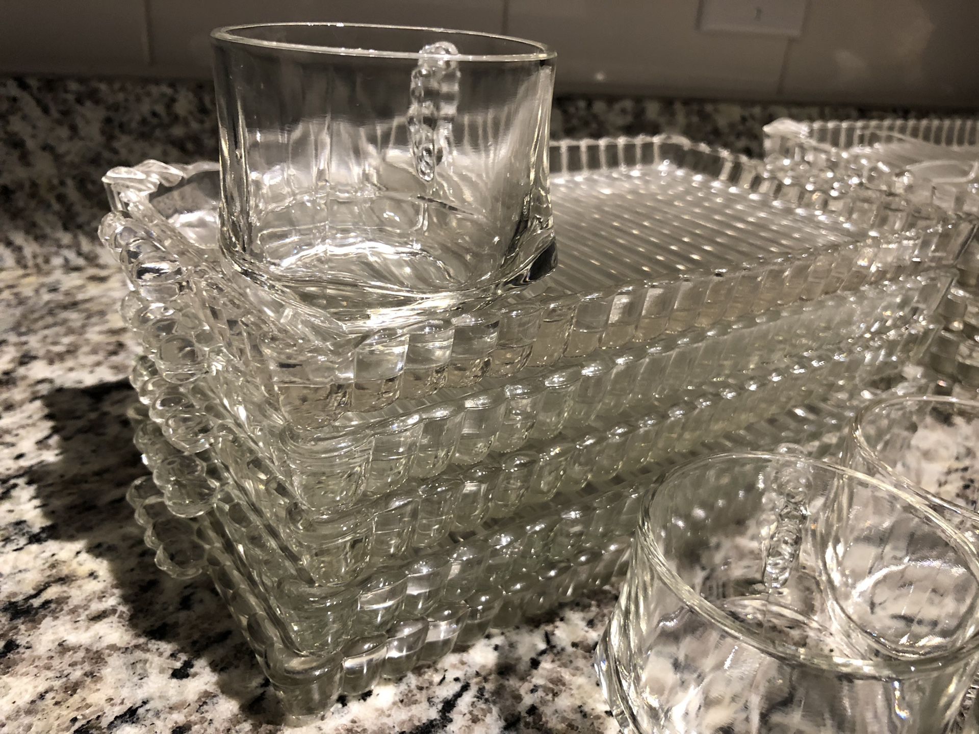 Antique Glass trays with mugs