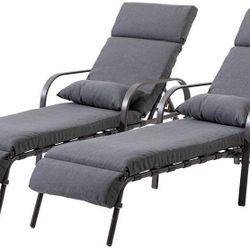 New Set Of 2 Outdoor Patio Chaise Lounge Chairs With Cushion Grey