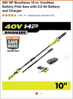Ryobi 40V HP Brushless 10 in. Cordless Battery Pole Saw with 2.0 Ah Battery and Charger+trimmer