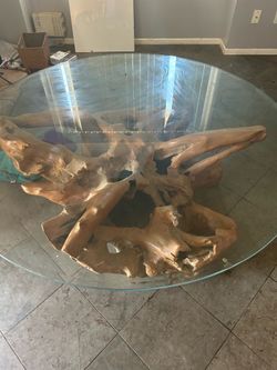 Glass top wood root table