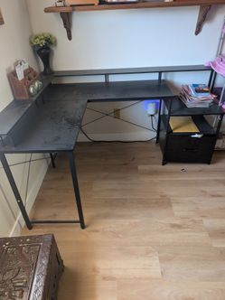 Black L-Shaped Desk with Monitor Shelf