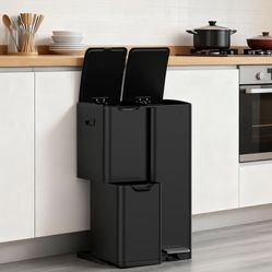 mVm 3 Compartment Kitchen Trash Can, 16 Gal Black Triple Trash Can