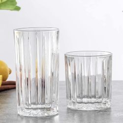 Clear Ribbed Glass Drinking Glass Set, Highball Glasses and Tumbler Glasses - Set of 8