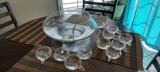 Punch bowl with glass cups and glass ladle