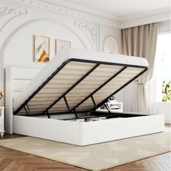 White Velvet King Size Bed Frame With Lift Top Storage Underneath