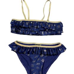 H&M Navy Blue And Gold Ruffle Seashells Bikini Bathing Suit Swimwear 
