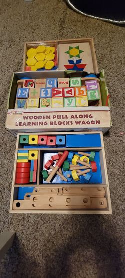 Melissa & Doug Classic Construction Set, Boards & Puzzles Set and Pull Along  Wooden Learning  Blocks