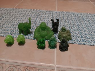 Jade Figurines Of Buddas And Elephants, Christian Figurines, Owl Vase, Assorted Figurines And Some Wall Art