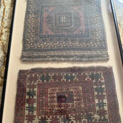  Pair of Antique Baluch Tribal Rug Fragments — Professionally Framed Wall Art
