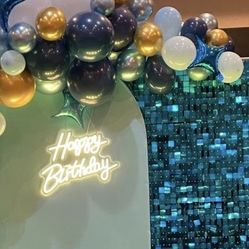 Happy Birthday neon sign with blue Shimmer backdrop for Decoration