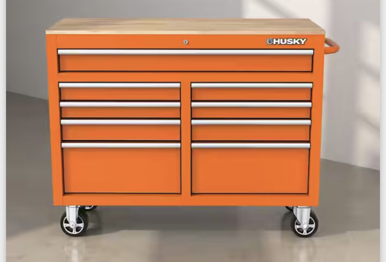 45 W x 18 in. D 10 Drawer Gloss Orange Mobile Workbench Cabinet with Solid Wood